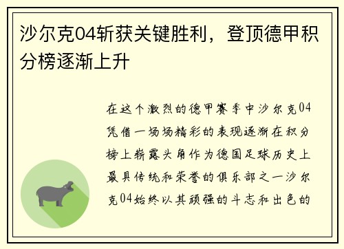 沙尔克04斩获关键胜利，登顶德甲积分榜逐渐上升